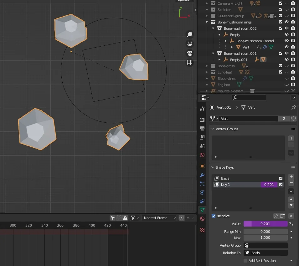 View on the bone mushroom rings inside blender from top. Also visible is the outliner, showing the hierarchical structure consisting of empties and meshes. Finally a shapekey influence slider, with violet background.
