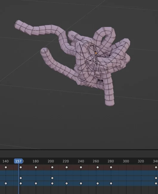 Blender view of the intestines. Visible are the intenstines and the curves and rigs who control the parts. The parts are not differentiable on the image, and similar, the visualisation of curves and rigs is identical.