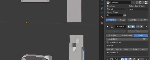 Editor view of the technical wall elements, on top the (very simple) base strcuture in edit more, on bottom the final result with modifiers in effect, on right side the modifier stack: subdivision, displace, decimate, solidify