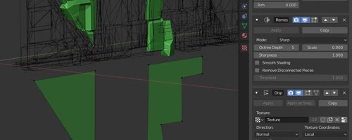 two wall elements displayed in isolation, one as simple 2D-shape (no modifiers), one with active modifiers; to the right the modifier stack inside blender\'s UI: Solidify, Remesh, Displace, Decimate