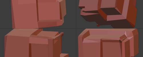 Functionality of the procedural wall detail generation showcased on the default cube, illustrated from four different points of view