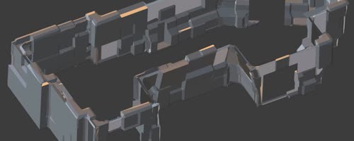 the walls have an slightly chaotic surface, flat, rectangular protusions and cavities; these details are all procedurally generated