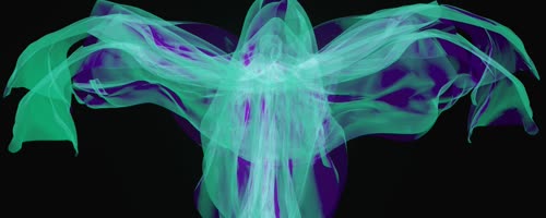 a kind of ghost in green and purple, looking a bit like glowing bed sheets