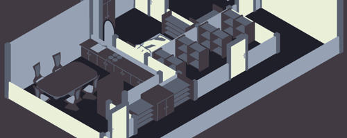 Isometric view of a modern apartment, no ceiling and walls with half height, like in a toy house. The used palette has just very few colors.