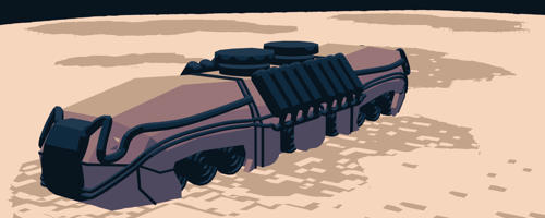 Obskures Steampunk-Kettenfahrzeug in der Wüste, auch in Palettenfarben